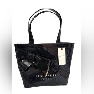 Ted Baker London NWT Black Patent Vinyl Bow Shoulder Bag/Tote Gold Logo